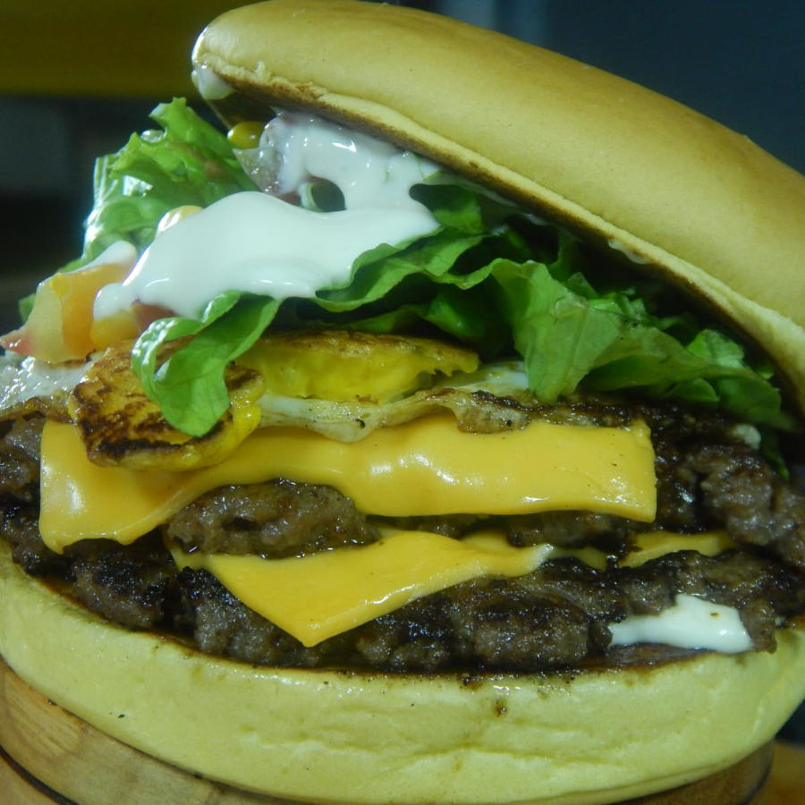 pão brioche selado na chapa, maionese, 2 hamburguer (artesanal), 2 cheddar fatia, ovo, alface, tomate, milho.