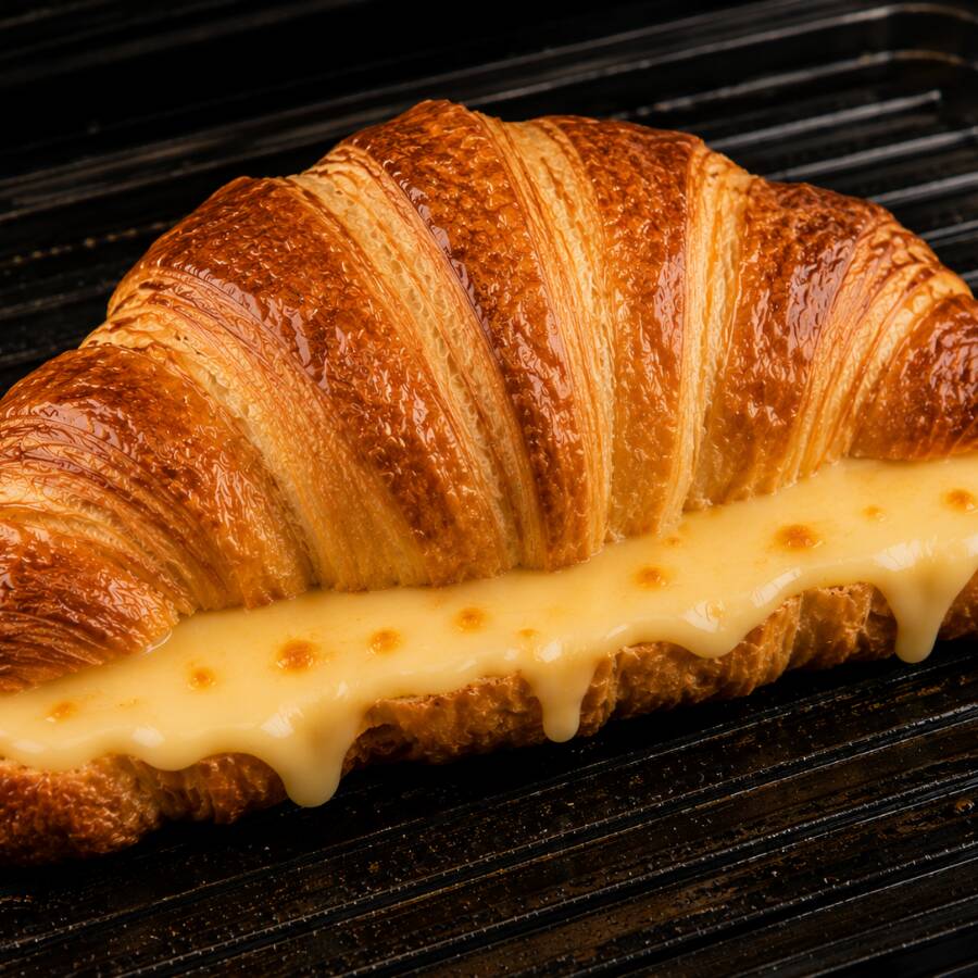 Croissant, requeijão, queijo mussarela e queijo parmesão.