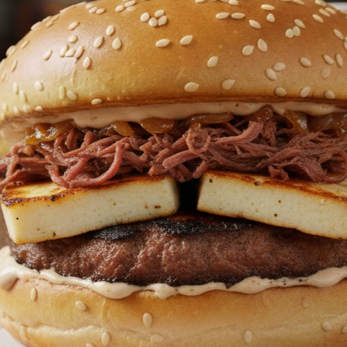 Pão tradicional,1 blend 130 g, 1 fatias de queijo coalho , costela desfiada, cebola caramelizada e molho