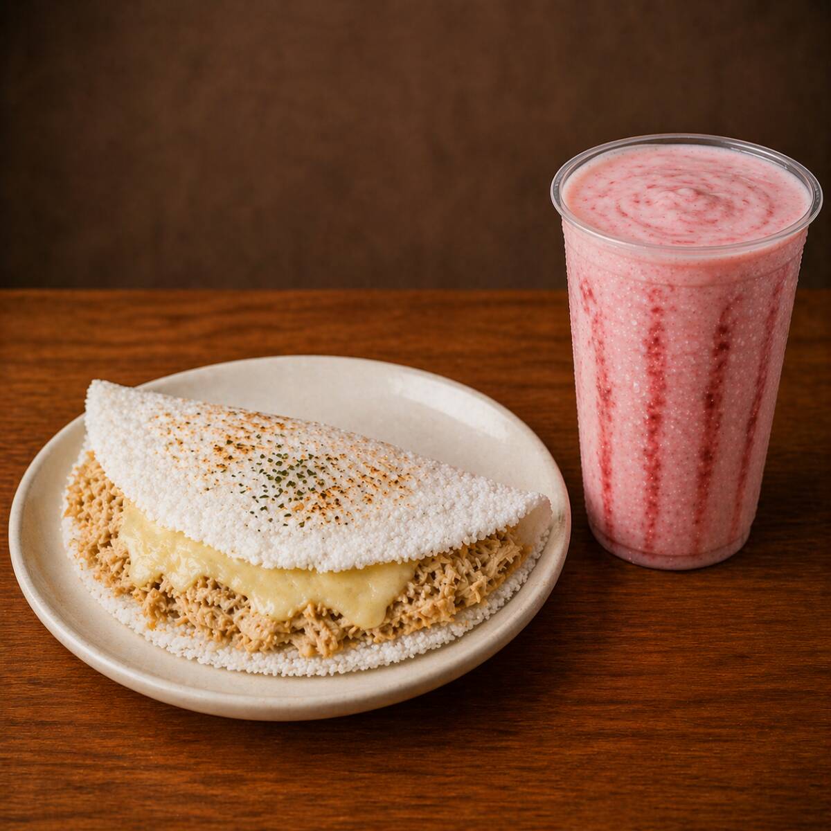 Deliciosa Tapioca Salgada Feita Com Massa 100% Artesanal E Um Delicioso Milkshake Feito Com Creme Americano. Ambos À Escolha Do Cliente.