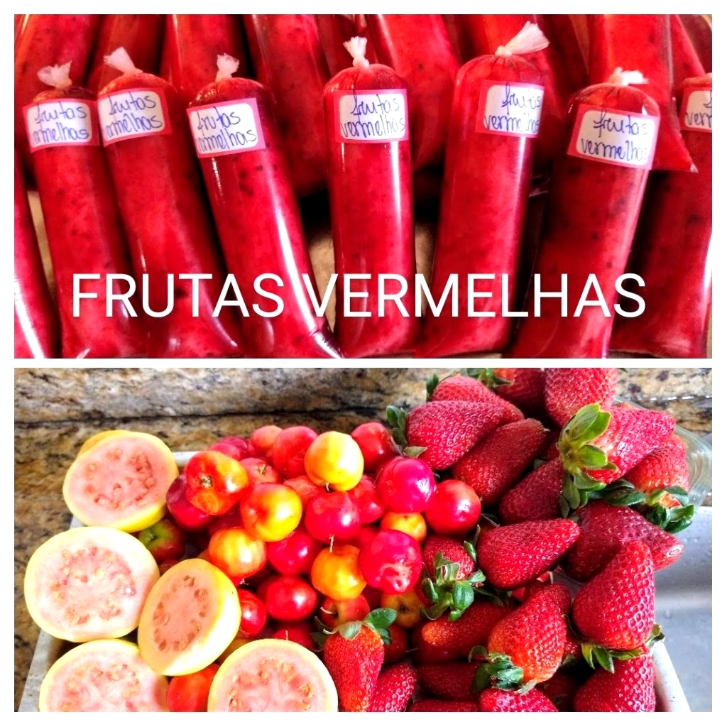 Recheio de frutas naturais: morango, goiabada, acerola, melancia. Cobertura de geleia artesanal de frutas vermelhas. Sem lactose