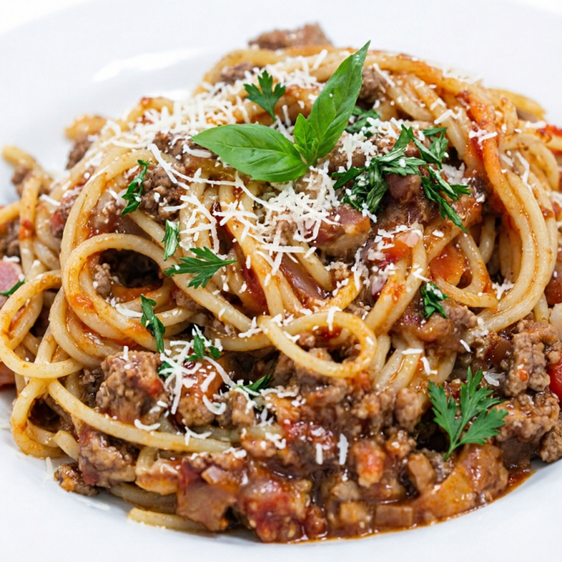 ESPAGUETE AO DENTE , envolvido por um molho a bolonhesa rico e encorpado, preparado com carne moida e baconb moido, refogada, molho de tomates maduros, cebola, alho, eoregano, cenoura, e um toque especial de ervas frescas. Finalizado com parmesão ralado. Escolha perfeita para quem busca aconchego e sabor em cada garfada
Em media 470g