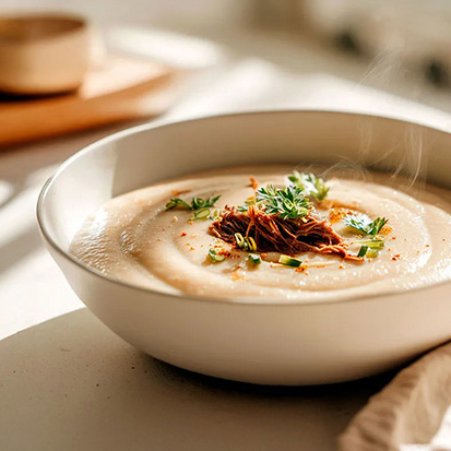 Quer aquele prato quentinho, nutritivo e com gosto de comida feita no capricho? O Creme de Mandioca com Carne da linha Soppa é tudo isso — e muito mais! Feito com ingredientes 100% naturais, esse creme é a perfeita união entre textura cremosa, carne desfiada suculenta e temperos frescos. Uma verdadeira comfort food para aquecer os dias e o coração ️ ️ Por que você vai amar essa sopa: Sabor caseiro — receita inspirada na culinária brasileira Carne assada e confitada por 8 horas, desfiada na medida certa Cozimento lento em caldo de carne e demiglace para sabor intenso Temperos naturais como alho e cebola, cozidos por 8h no sous-vide Textura cremosa e aveludada, com pedacinhos reconfortantes Pronto em apenas 10 minutos no micro-ondas Atenção: produto congelado, pronto para consumo. Descongele no micro-ondas em apenas 10 minutos e está pronto. Gostoso, prático e sem conservantes!