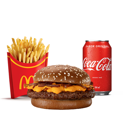 Um hambúrguer (100% carne bovina), molho lácteo com queijo tipo cheddar, cebola ao molho shoyu e pão escuro com gergelim, acompanhamento e bebida