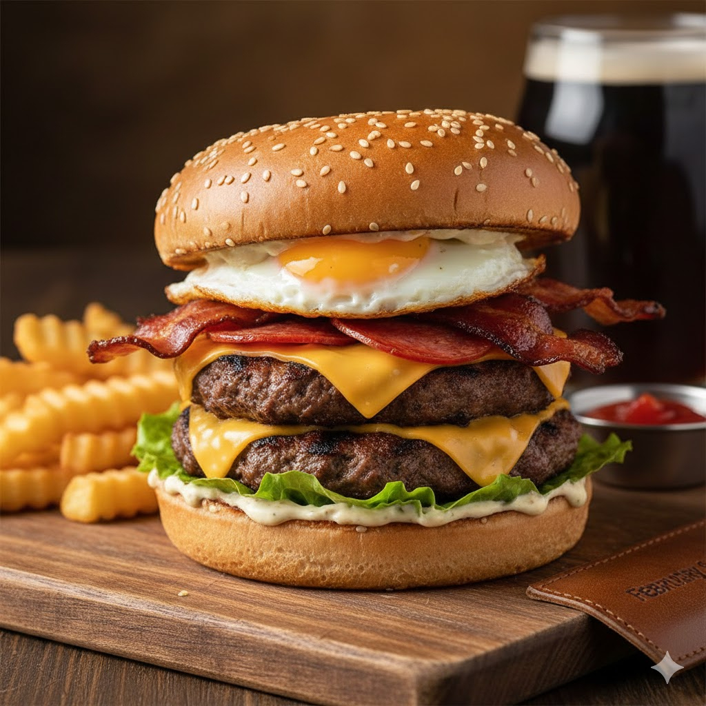 2 Carnes, 2 Queijos, Ovo, Calabresa, Bacon, Alface e Maionese da casa.