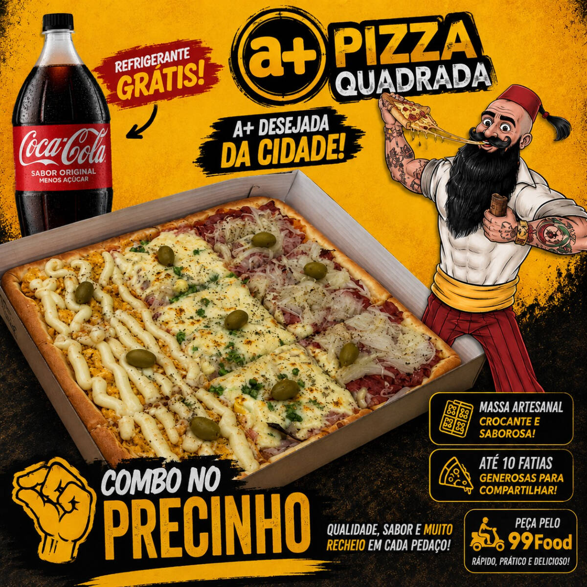 😱 OLHA QUE COMBO! 9 fatias de Pizza Quadrada com 3 Sabores na mesma pizza + seu refri favorito GELADO POR NOSSA CONTA! 🍕🥤
🍕 Tudo junto e misturado no mesmo pedido:
🇵🇹 Portuguesa | 🌶️ Calabresa Acebolada | 🐔 Frango com Catupiry
Três sabores incríveis numa pizza só, pra você e sua família se satisfazerem sem escolher um favorito! 🤤✨
🥤 Coca-Cola ou Guaraná Antártica geladinho esperando por você. Corre antes de acabar! ⚡