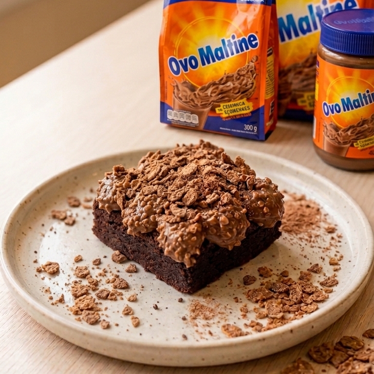 Massa de brownie chocolatuda coberta com brigadeiro aveludado e polvilhada com bastante Ovomaltine crocante.