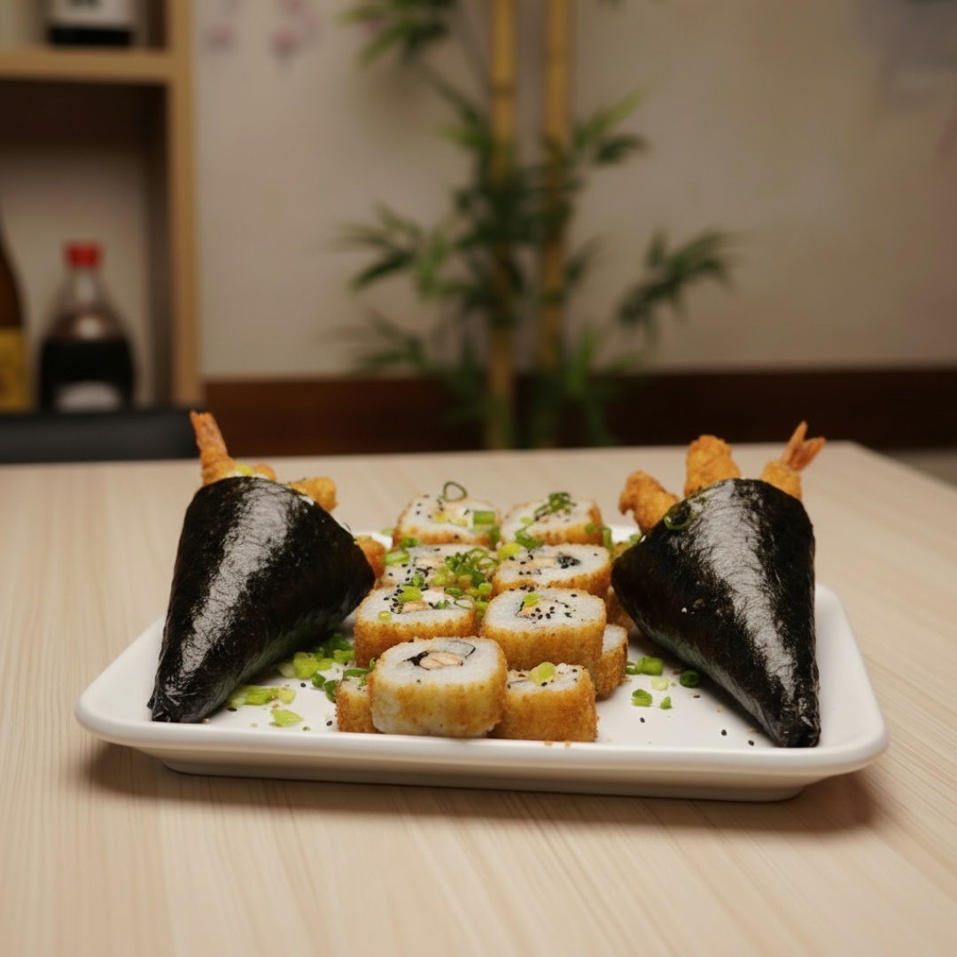 Engrediente: Nori, arroz japonês, creamchease, camarão empanado nós temakis e os mesmo engrediente no hot carioca de salmão, sendo finalizado com cebolinha e gergelim torrado