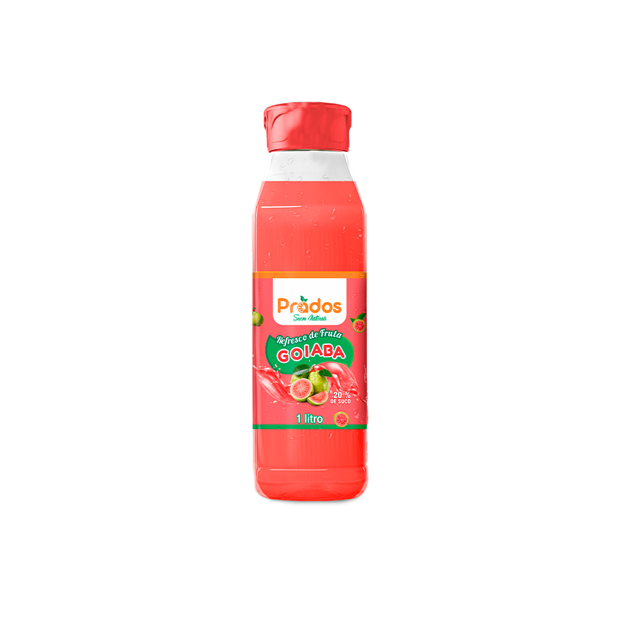 Garrafa de suco de goiaba de 1 litro feito com polpa de frutas. Não fermentado. Não alcoólico. Não contém glúten.