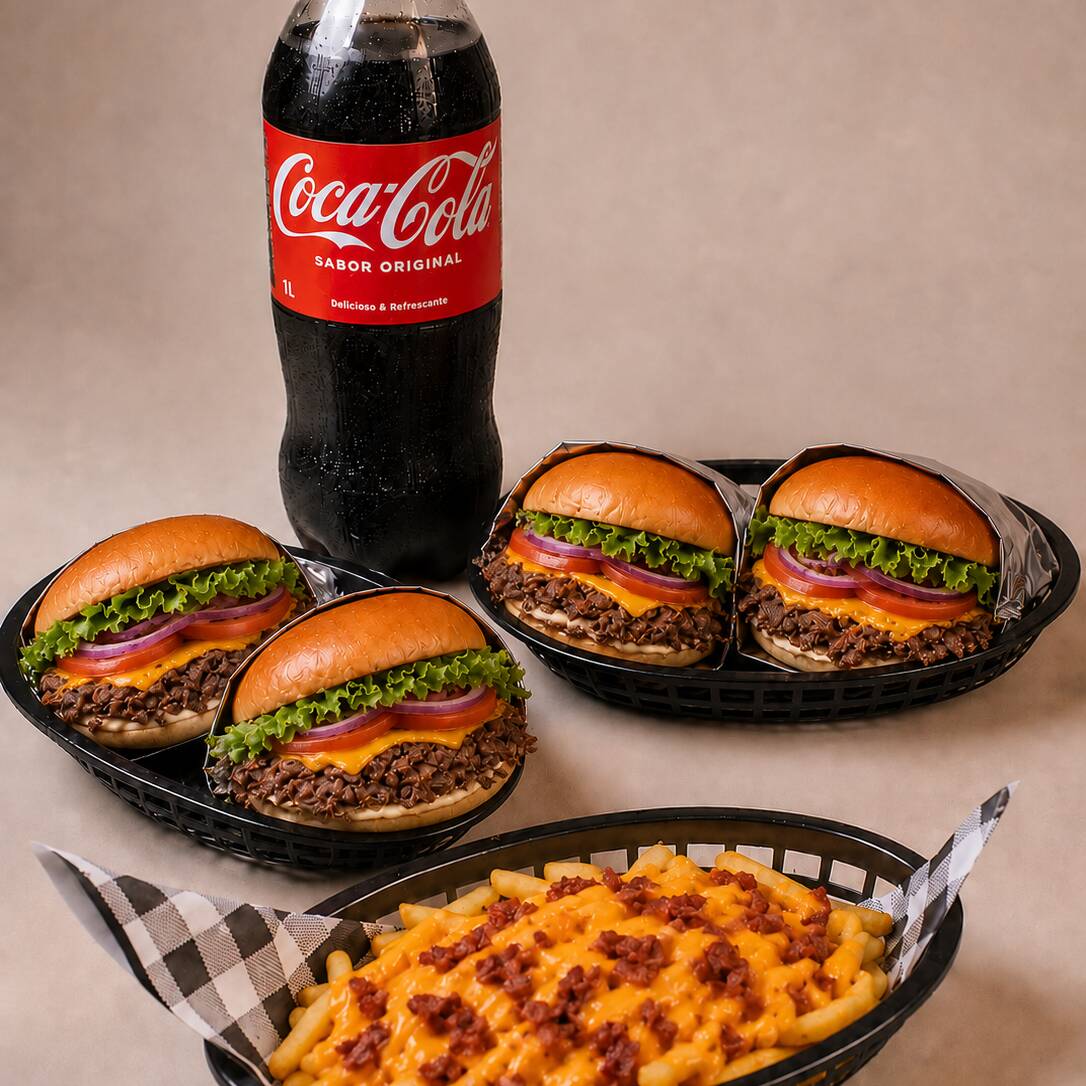 4 LANCHES DE SALADA + BATATA CHEDDAR E BACON + COCA COLA 1 LITRO
CASO DESEJE ZERO COLOCAR NA OBSERVAÇÃO