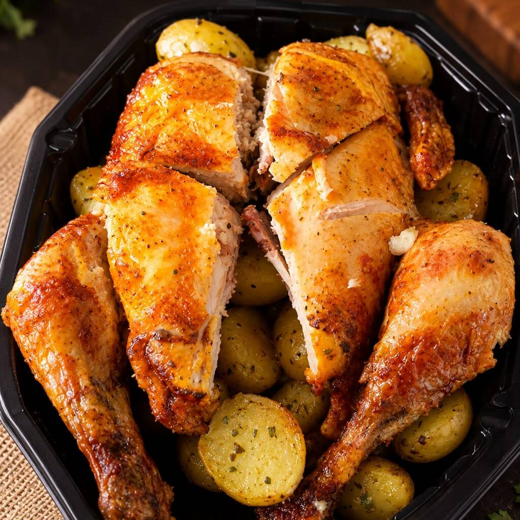 🍗Frango assado acompanhado de batatas deliciosas e crocantes. 😋