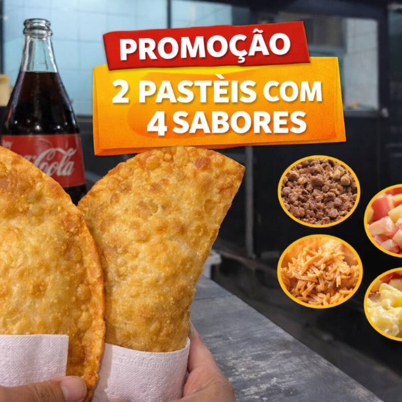 Escolha ate 4 sabores e leve dois pasteis