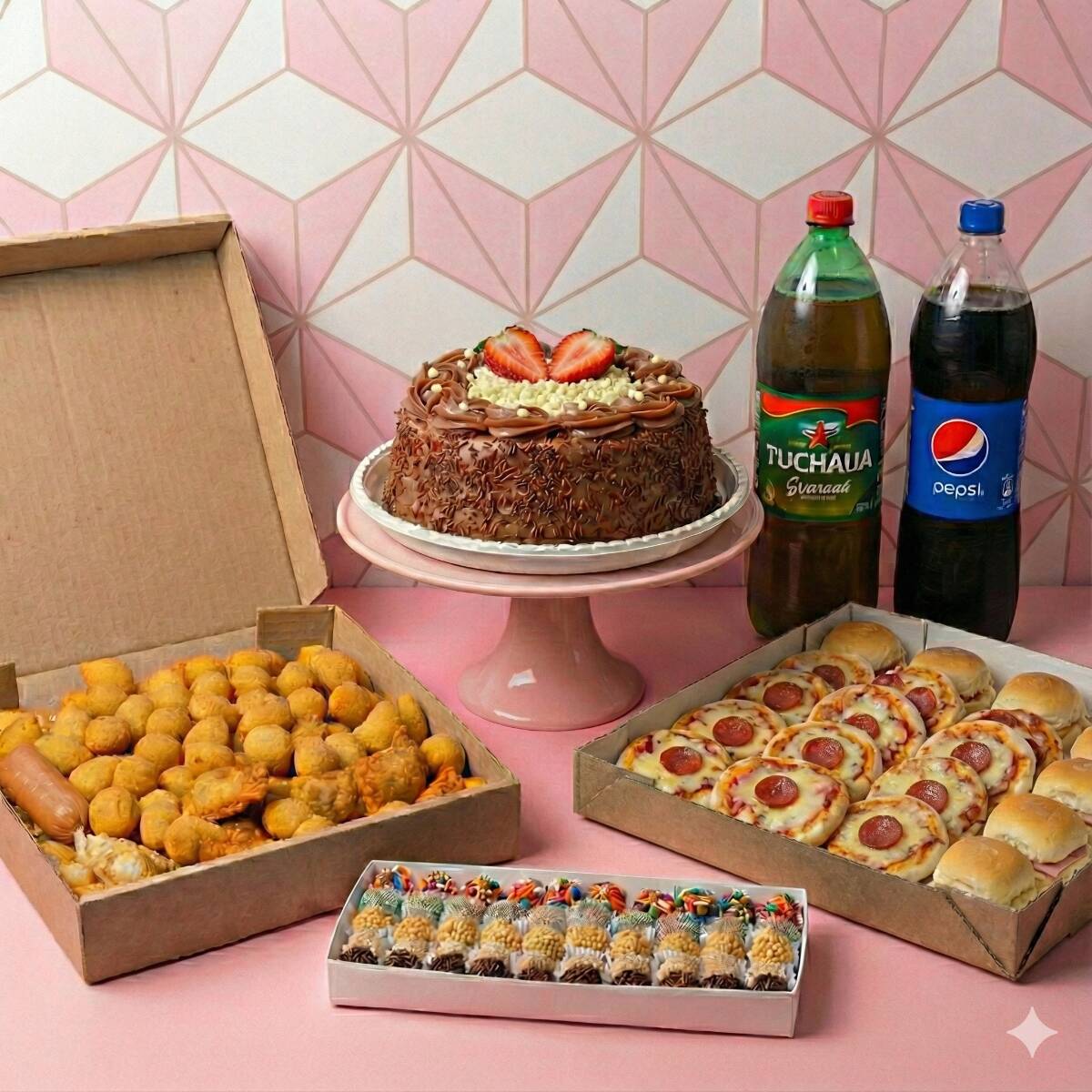 Sua festa pronta em um clique! Preparamos uma seleção incrível para agradar a todos os gostos. Leve 1 Bolo Vulcão de 22cm, 100 Salgados Fritos, 50 Docinhos, mais 30 Lanches Especiais (15 Mini Pizzas + 15 Mini Hambúrgueres) e 2 Refrigerantes de 2L geladíssimos. É só chamar a galera e comemorar!