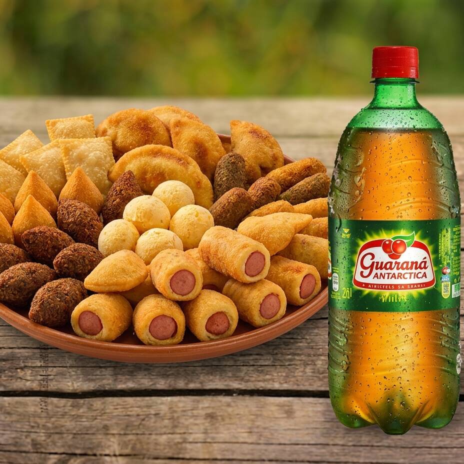 👑 30 Mini Salgados + Bolo no Pote + 1 Refri 350ml