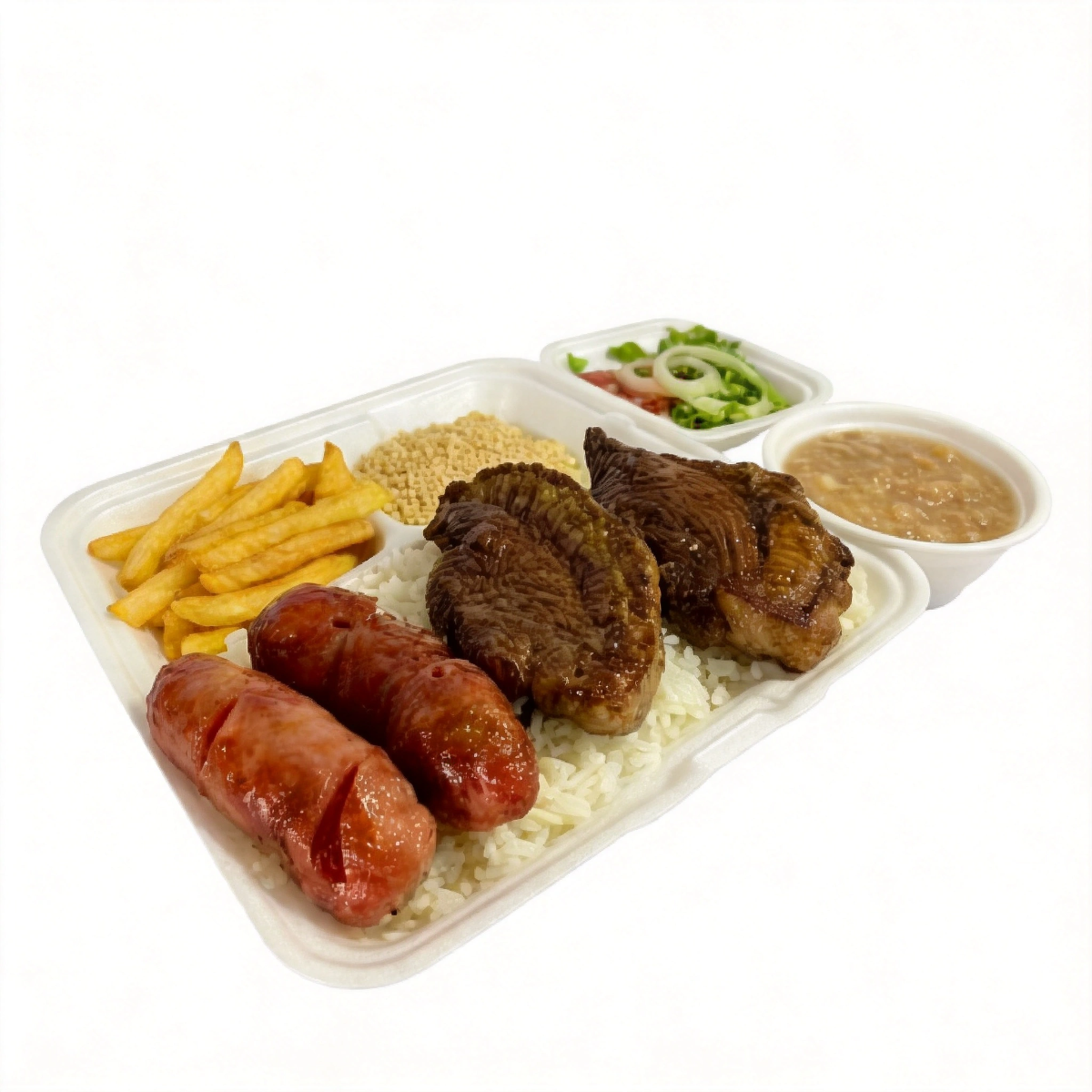 Marmitex para duas pessoas. arroz,feijão,farofa,batata frita,2 bifes picanha 2 linguiça ... vinagrete e salada selecionadas a parte.