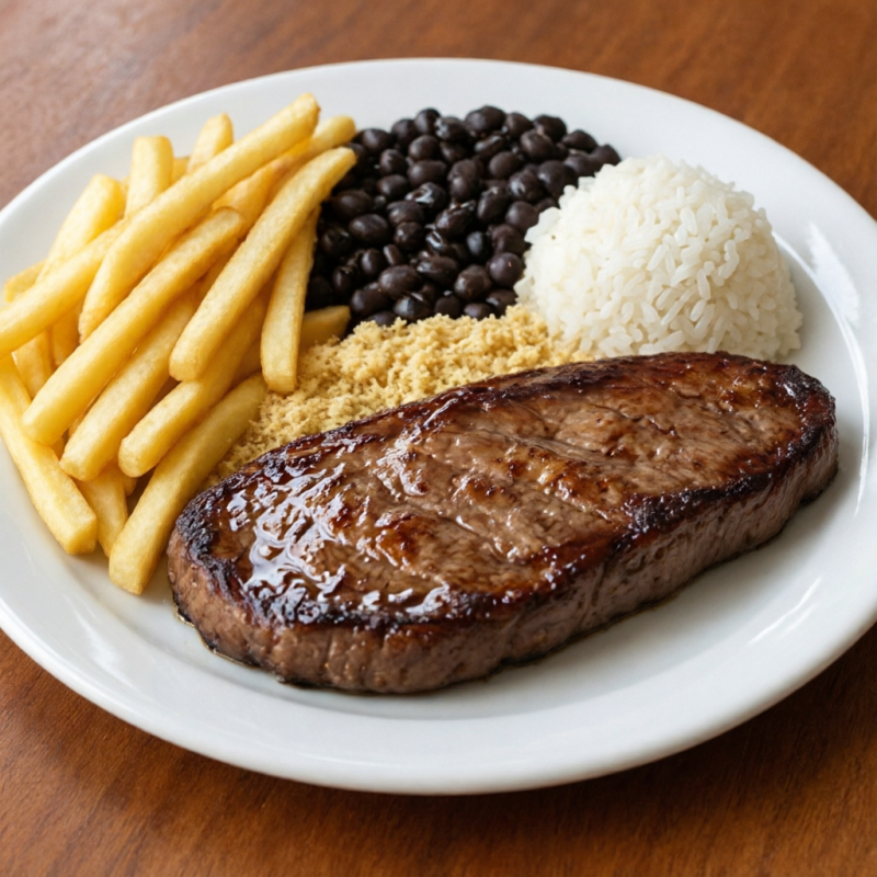 Arroz, Feijão Preto, Farofa temperada, Batata Frita, Bife Grelhado