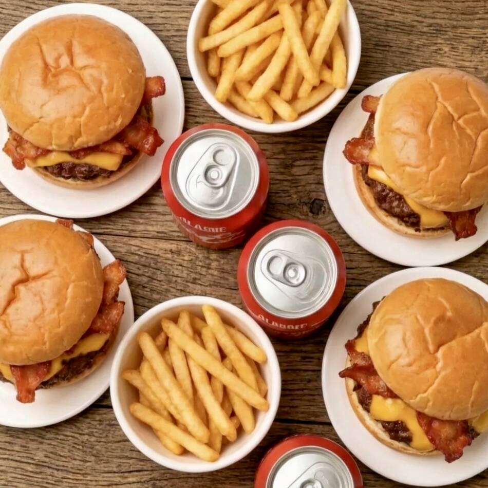 O combo acompanha:
4x Smash Bacon Cheddar com 150g tipo smash super suculento, duplamente coberto com queijo cheddar cremoso e tiras de bacon extremamente crocantes no pão fofinho.
2x Batatas Fritas (150g cada): Porção dourada e quentinha de batatas crocantes.
3x Refrigerantes Coca-Cola: Bem geladas para fechar com chave de ouro. Hambúrgueres feito na hora do seu pedido.