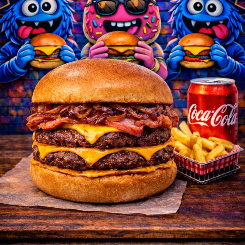 Escolha o seu hamburguer, que acompanha 4 batatas individuais e uma coca cola 2 litros.