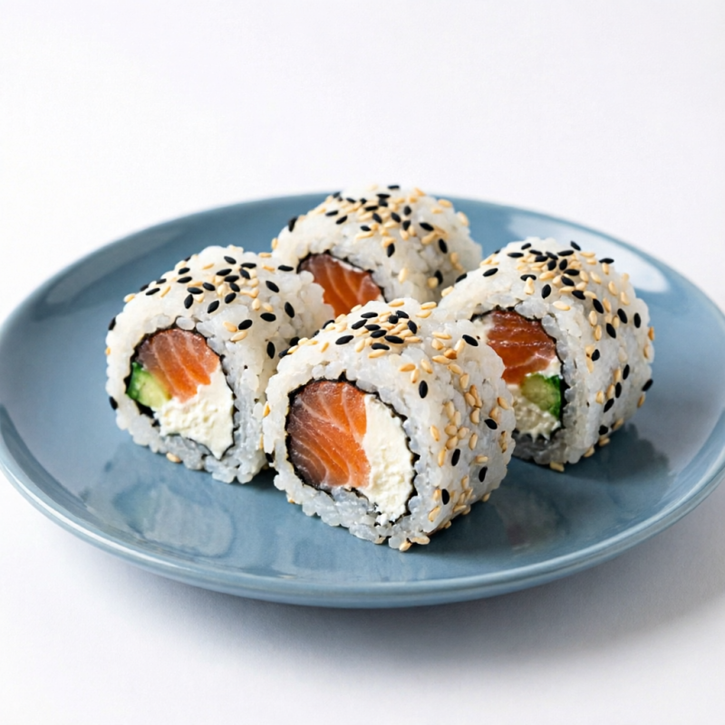 Alga, arroz japonês, gergelim. Recheio: salmão e cream cheese.