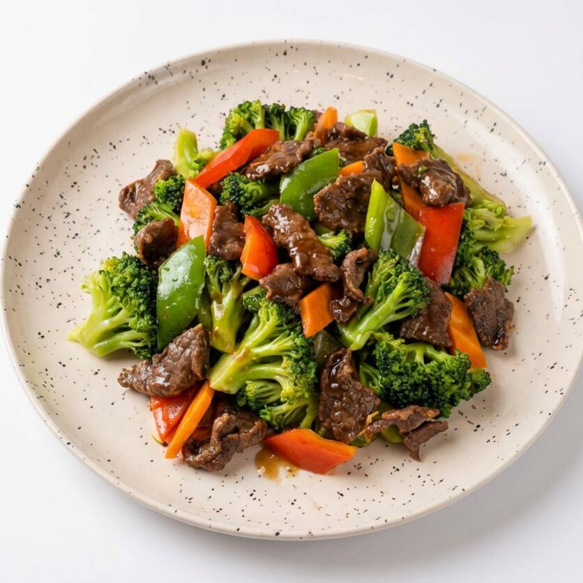 Carne em fatia com brócolis, cenoura e pimentão