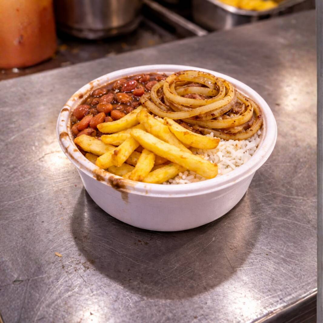 Está incluso: Arroz, Feijão , Batata Palito e Carne Pernil Picadinho + Batata Palito Frita