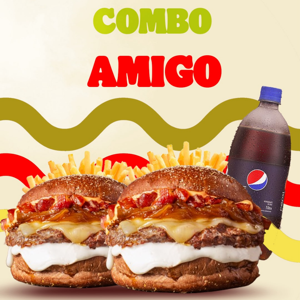 Dois Deliciosos Burgers Supremo,+ Duas Batatas Fritas Médias Sequinha e Crocante + Uma Pepsi Litro Bem Gelada.