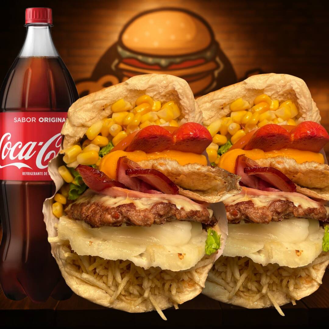 Inclui: 2 X-Tudo recheado com tudo que você ama, e 1 refrigerante de 1 litro à sua escolha.
