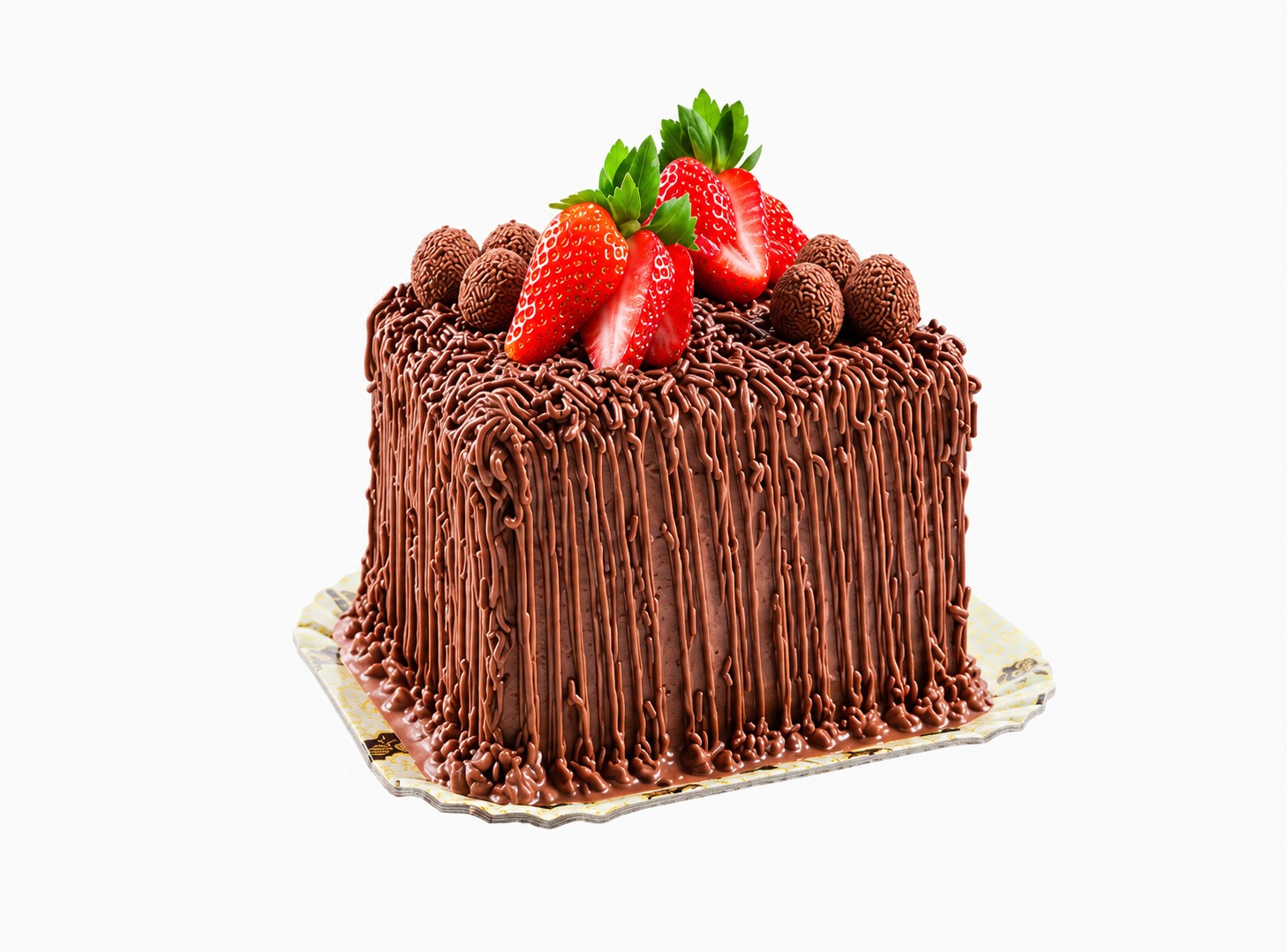 Bolo de chocolate, recheio de ganache de chocolate meio amargo e mousse de chocolate com morangos, cobertura de mousse de chocolate, trufas de chocolate e morangos.