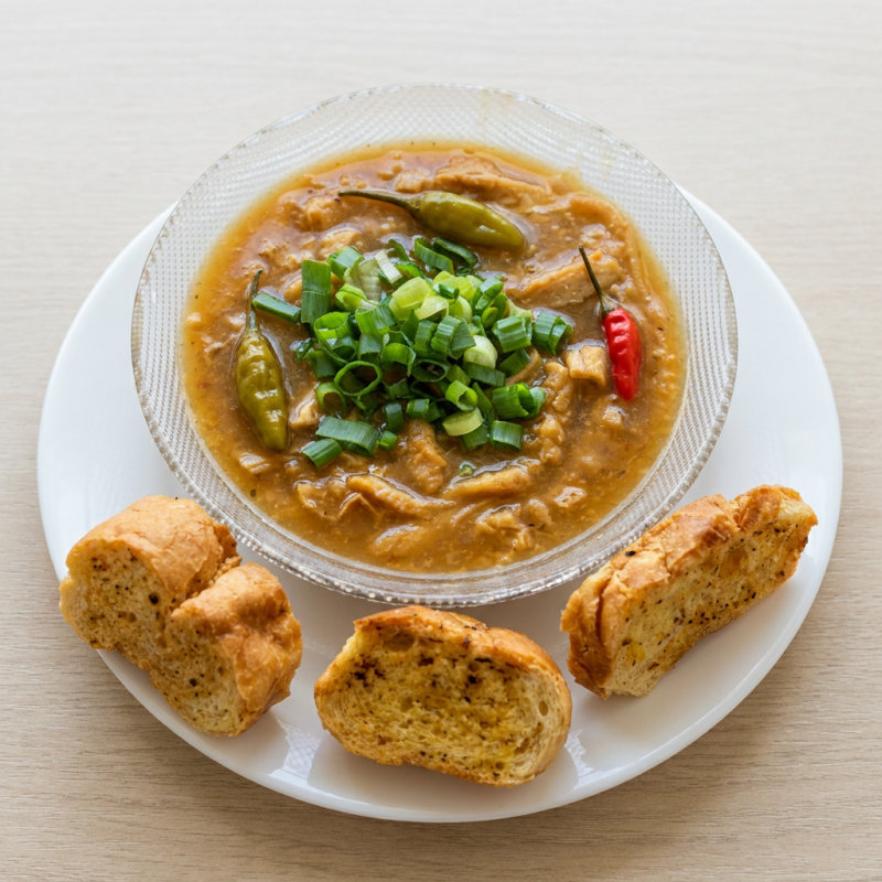 Caldo de dobradinha 500ml, torrada e cebolinha este caldo contem pimenta de cheiro e pimenta de bode