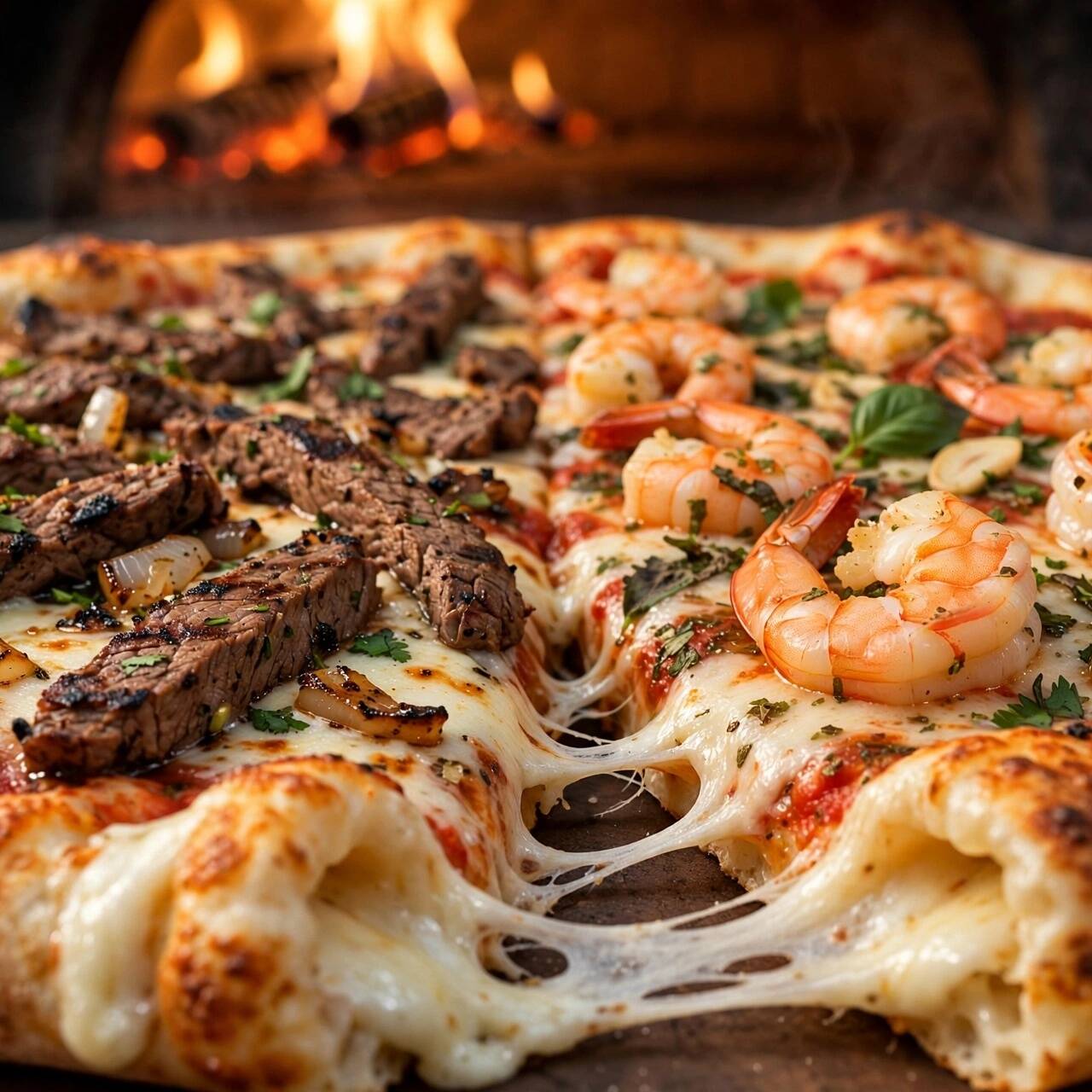 Pizza Mitades Camarón/Arrachera (Orilla Rellena)