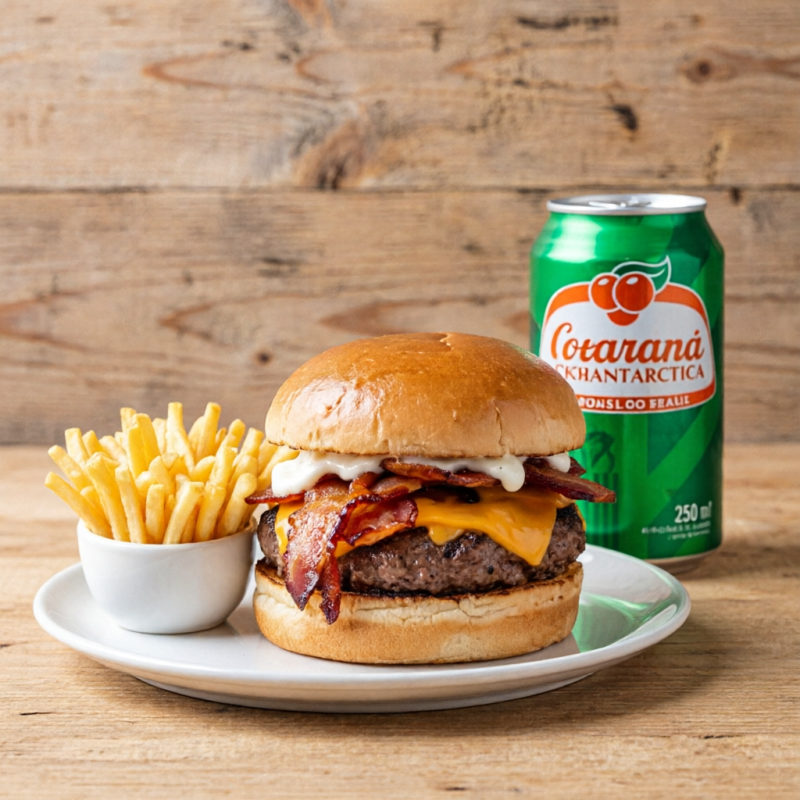 1 Cheff é Cheff - Burguer de 250g, chedda, bacom, molho da casa e pao brioche 1 batata P 1 Refrigerante lata