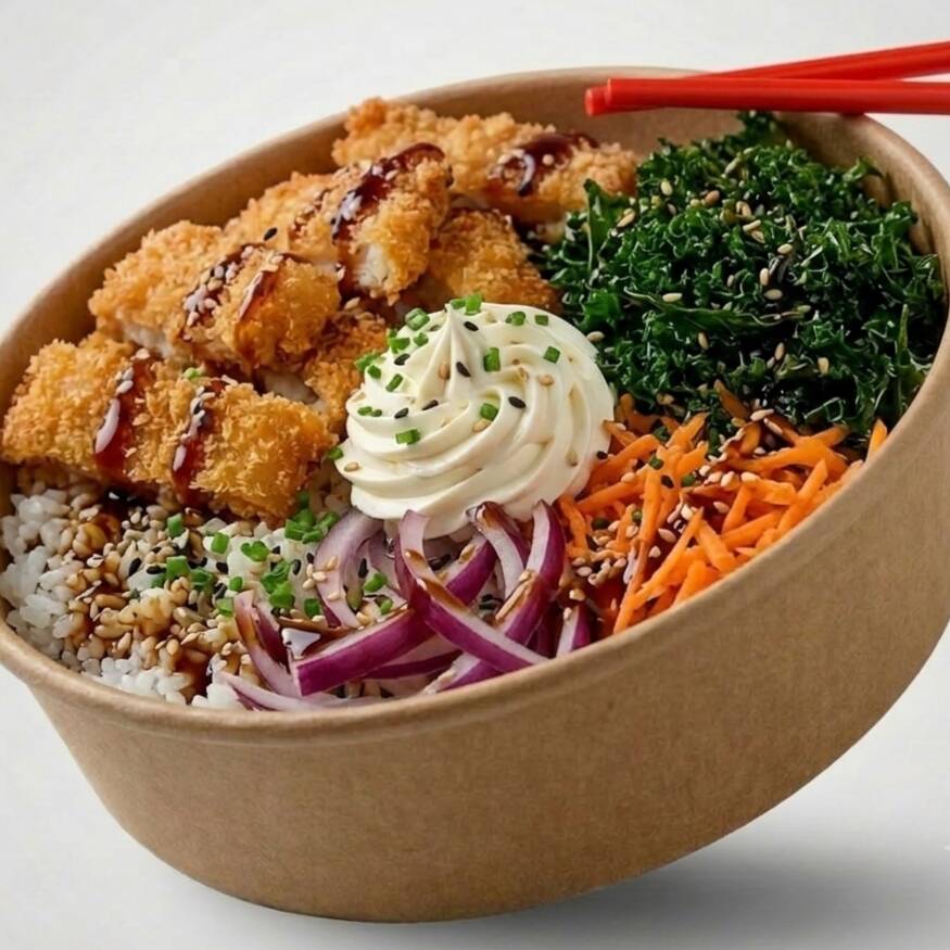 Deliciosa e generosa base de arroz japonês (shari) temperado no ponto certo, combinada com tiras de peixe super empanadas e extremamente crocantes. No coração do bowl, uma espiral generosa e cremosa de cream cheese original.
Para acompanhar e trazer textura, adicionamos couve crispy sequinha, lâminas frescas de cebola roxa e cenoura ralada. A finalização fica por conta do toque clássico de cebolinha fresca, gergelim tostado bicolor e o nosso irresistível molho teriyaki artesanal.