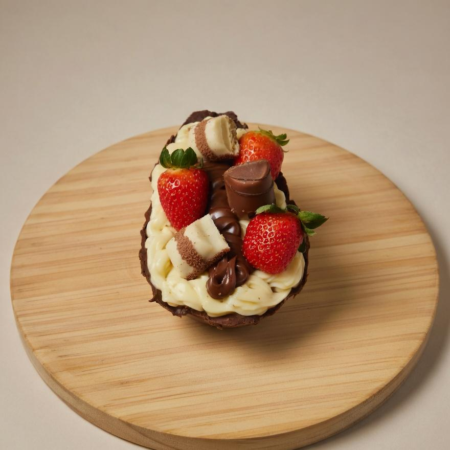 Delicioso brownie em formato de ovo, leve camada de chocolate dentro brigadeiro cremoso branco, nutella morango e kinder finalizado