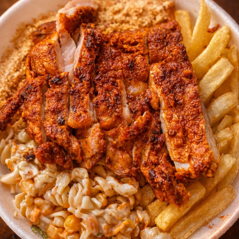 Arroz, feijão, fritas, farofa e molho vinagrete.