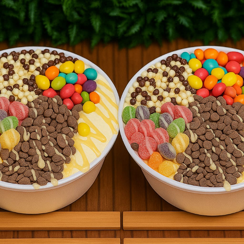 Duas marmitas de açaí super cremoso com quatro complementos da forma que mais lhe agrada ...