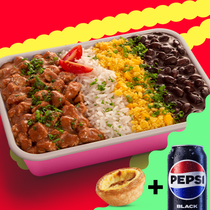 Não é um prato, é um patrimônio nacional. Nosso saboroso picadinho de carne vem na inseparável companhia do arroz, feijão preto e uma deliciosa farofa de milho. Salsinha, cebolinha e tomate-cereja dão aquela beleza tropical no seu Mita. Acompanha 1 Refrigerante Lata + 3 Minichurros de Doce de leite ou 1 Pastel de Belém. Só vem!