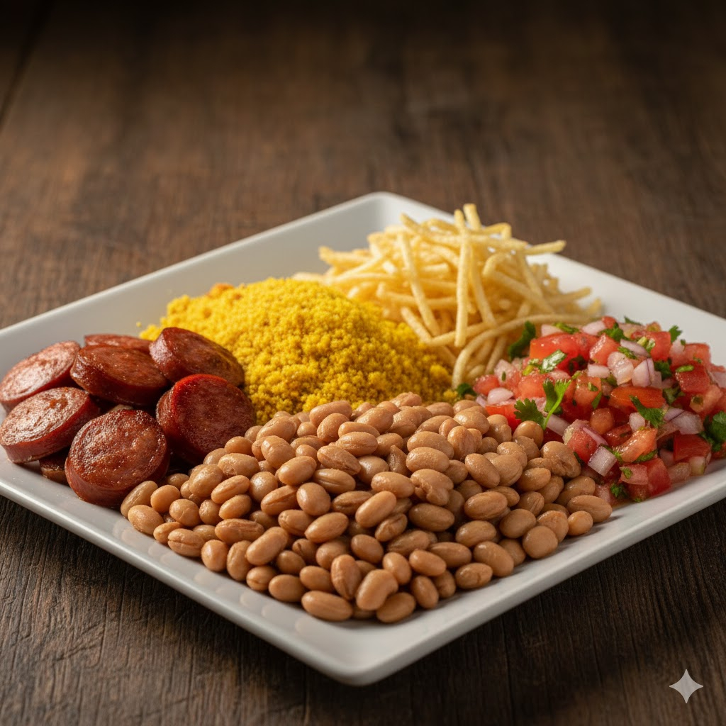 Feijão macassar,farofa de cuscuz, vinagretes e batata frita ou palha