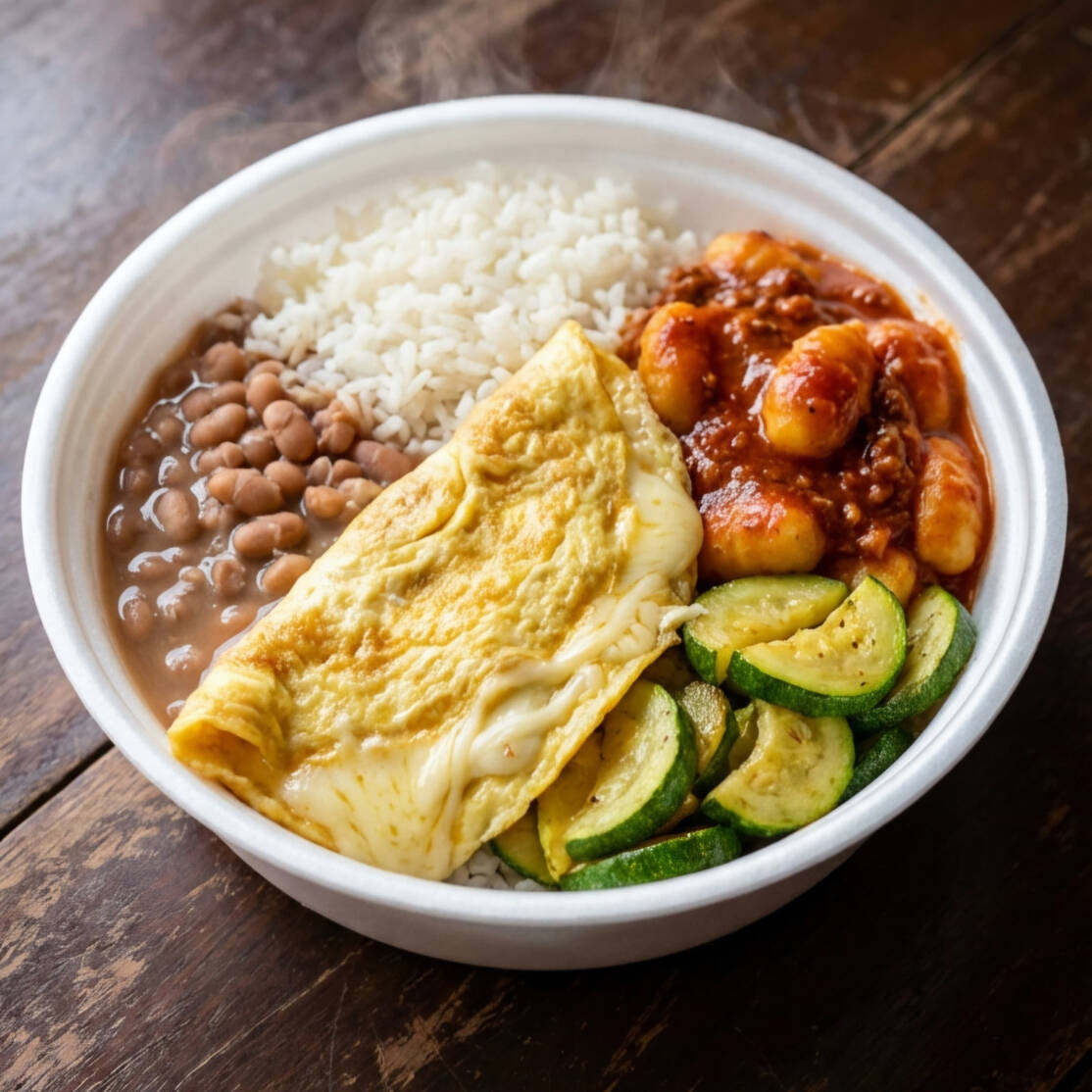 Omelete macia e bem temperada, recheada com uma combinação especial de dois queijos derretidos. Acompanha arroz soltinho, feijão caseiro, brócolis ao alho e óleo e farofa de bacon.