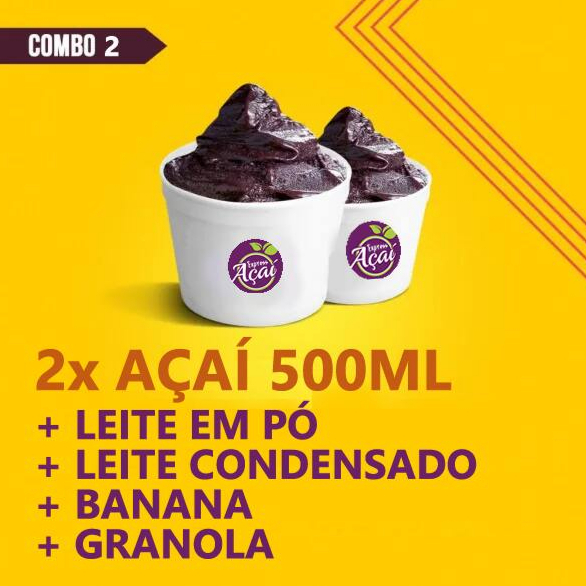 2 potes açaí de 500ml com leite em pó, leite condensado, granola e banana. Diferente de outras marcas, não reduzimos a quantidade de açaí conforme você adiciona complementos!