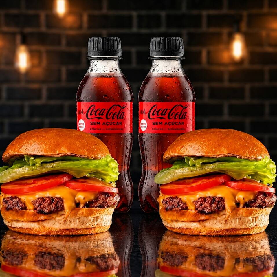 O combo inclui: 2x Burgers (Pão brioche, hambúrguer fininho e suculento, alface americana, tomate, queijo cheddar e maionese defumada) + 2x Refrigerantes Caçulinha 200ml. A pedida certa para Dividir e matar a fome!
