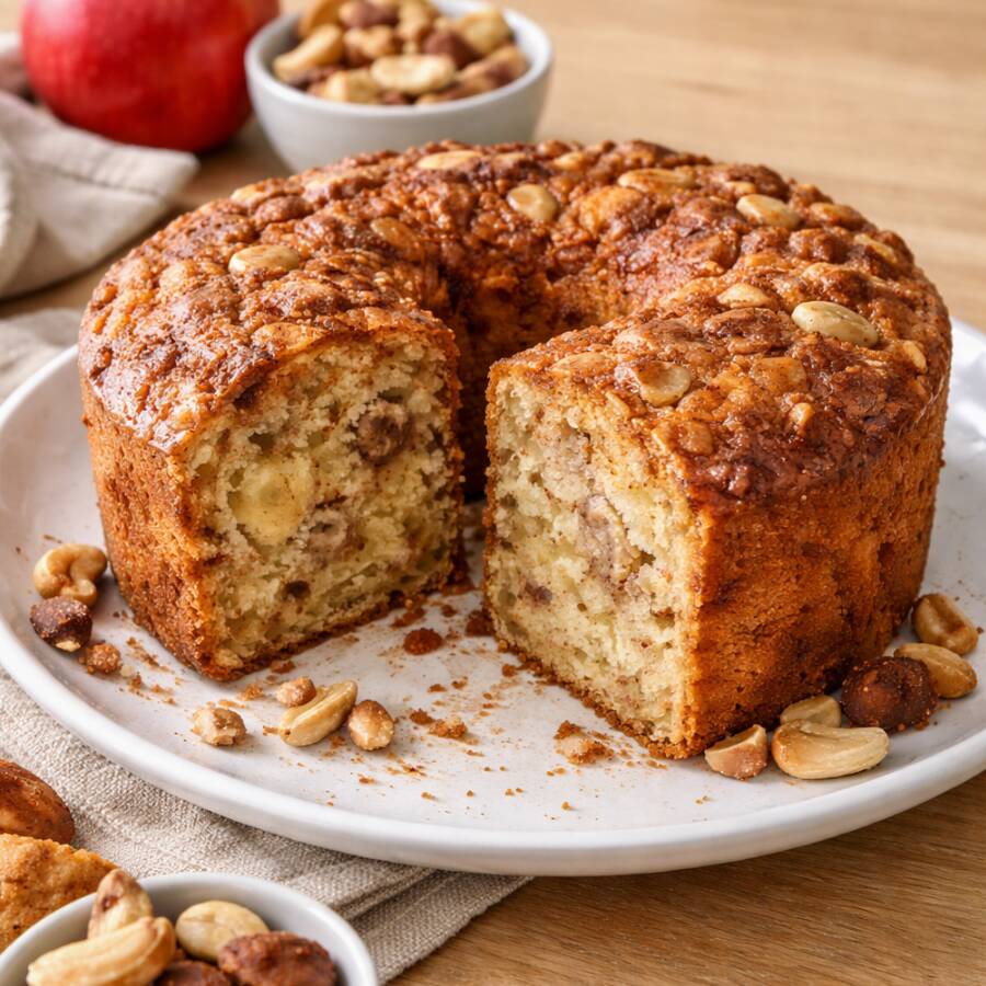 Bolo Zero Lactose Feito Com Maçã, Castanha-Do-Pará e Castanha De Caju, Levemente Caramelizado Com Toque De Canela. Massa Macia, Aroma Envolvente e Sabor Sofisticado. Bolo De 20 Cm.