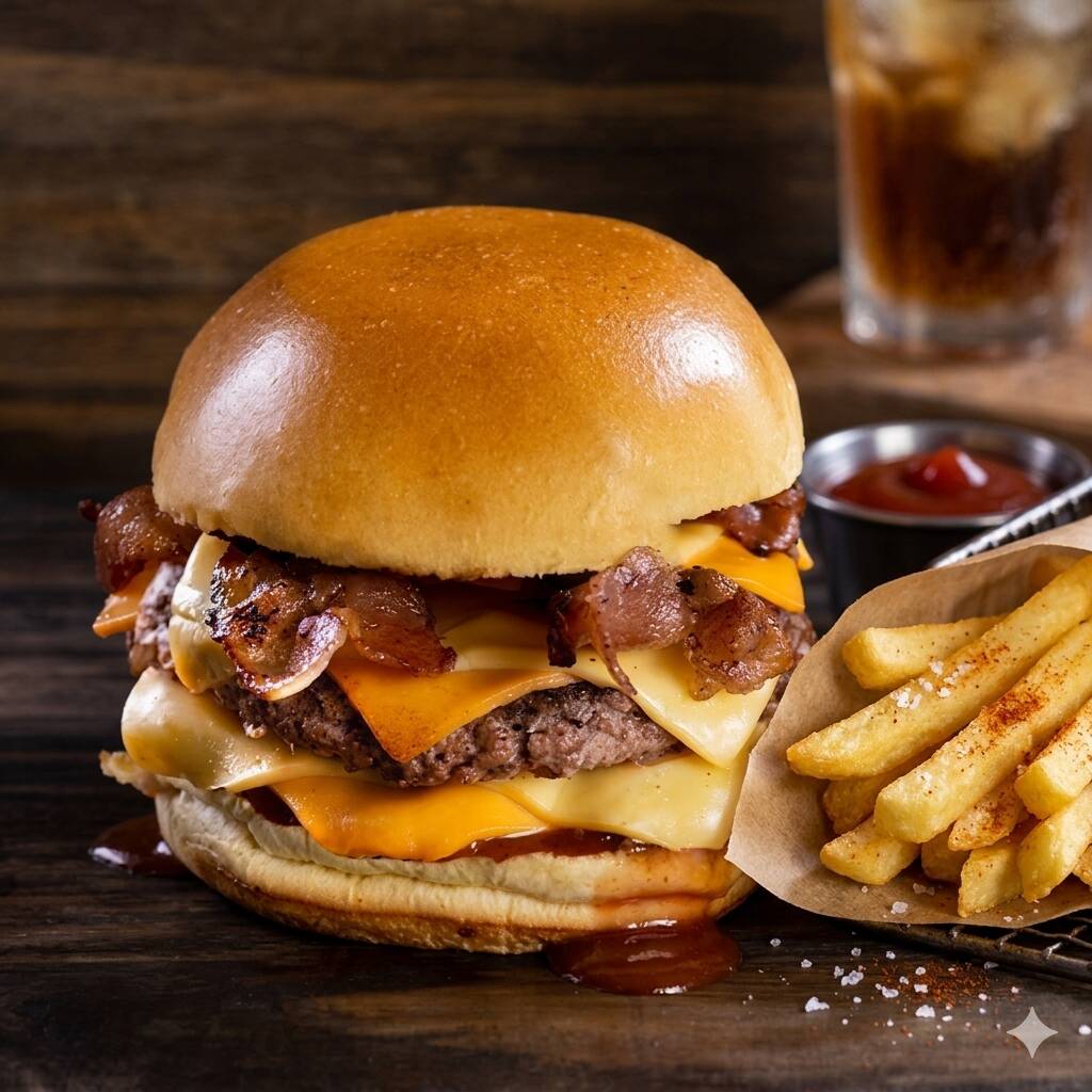 1 Duplo barbecue + Fritas P + Refrigerante Mini
2 Carnes Bovinas 55g, Cheddar Cremoso, Bacon Em Cubos, Salada Rica e Molho Do Chefe.