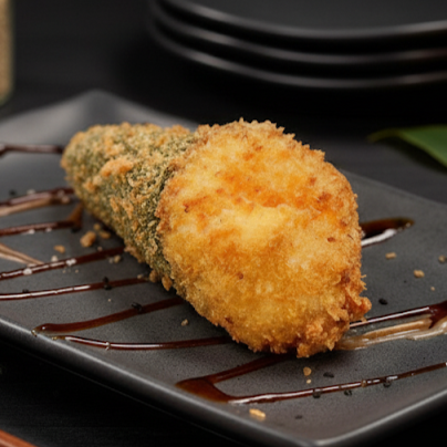 Cone de alga recheado, arroz japonês temperado, cebolinha, cream cheese, coberto com farinha panko super crocante e frito.