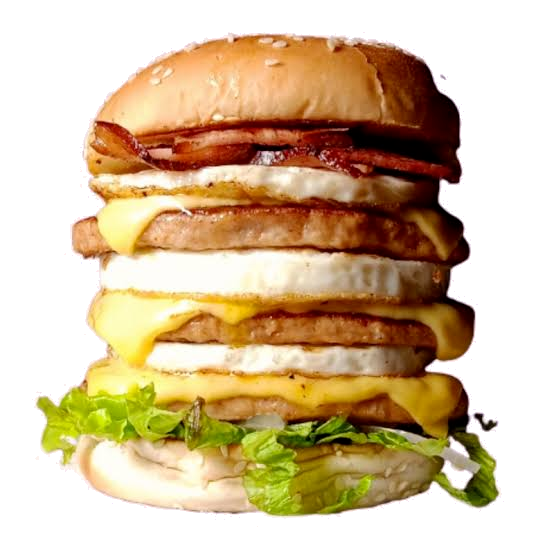 Pão, 3 carnes, 3 ovos, 3 queijos , 3 presuntos, bacon, salada , batata palha e molhos.