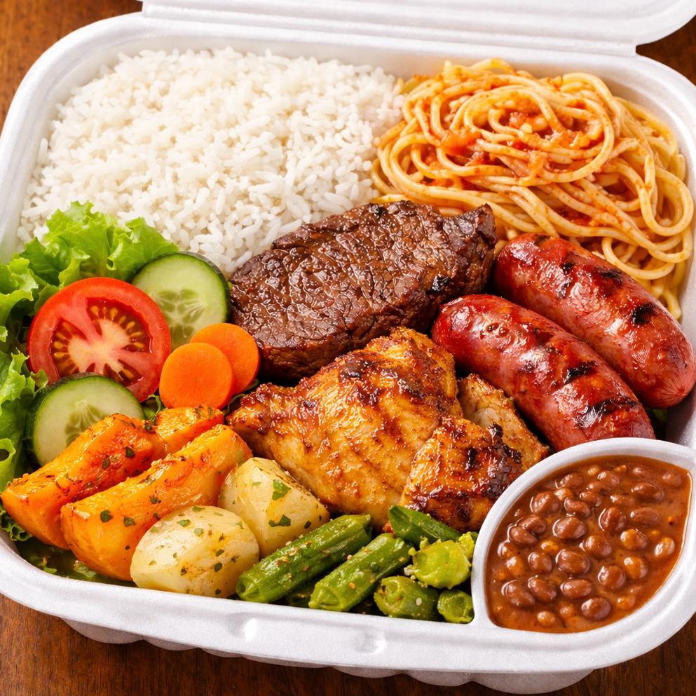 Acompanha: arroz, feijao, macarrão, carne do dia, verduras refogadas e salada em potinho separado.