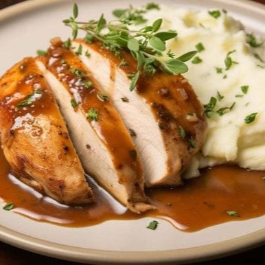 Escalopes de frango (aprox. 180g para 1 Pessoa, 360g para 2 Pessoas e 540g para 3 Pessoas, carne in natura)guarnecido com molho madeira com cogumelos champignon e uma pitada de vinho. Acompanha arroz à grega e purê de batatas. Serve 2 pessoas