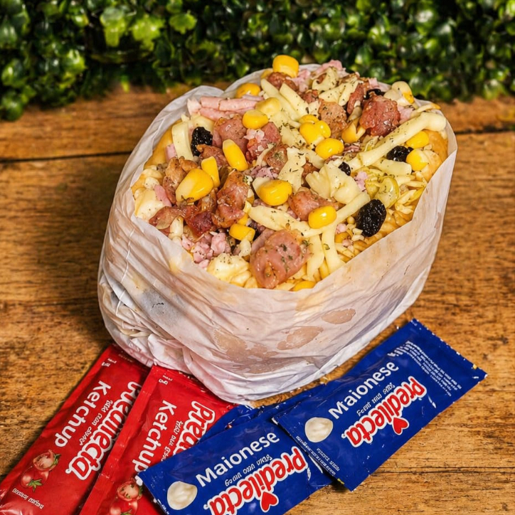 Delicioso hot dog com 2 salsichas, molho especial, batata palha, bacon, milho, azeitona, uva passa, mussarela ralado, Cheddar e Catupiry. Acompanha maionese e ketchup. Não Realizamos Troca De Ingredientes!!!