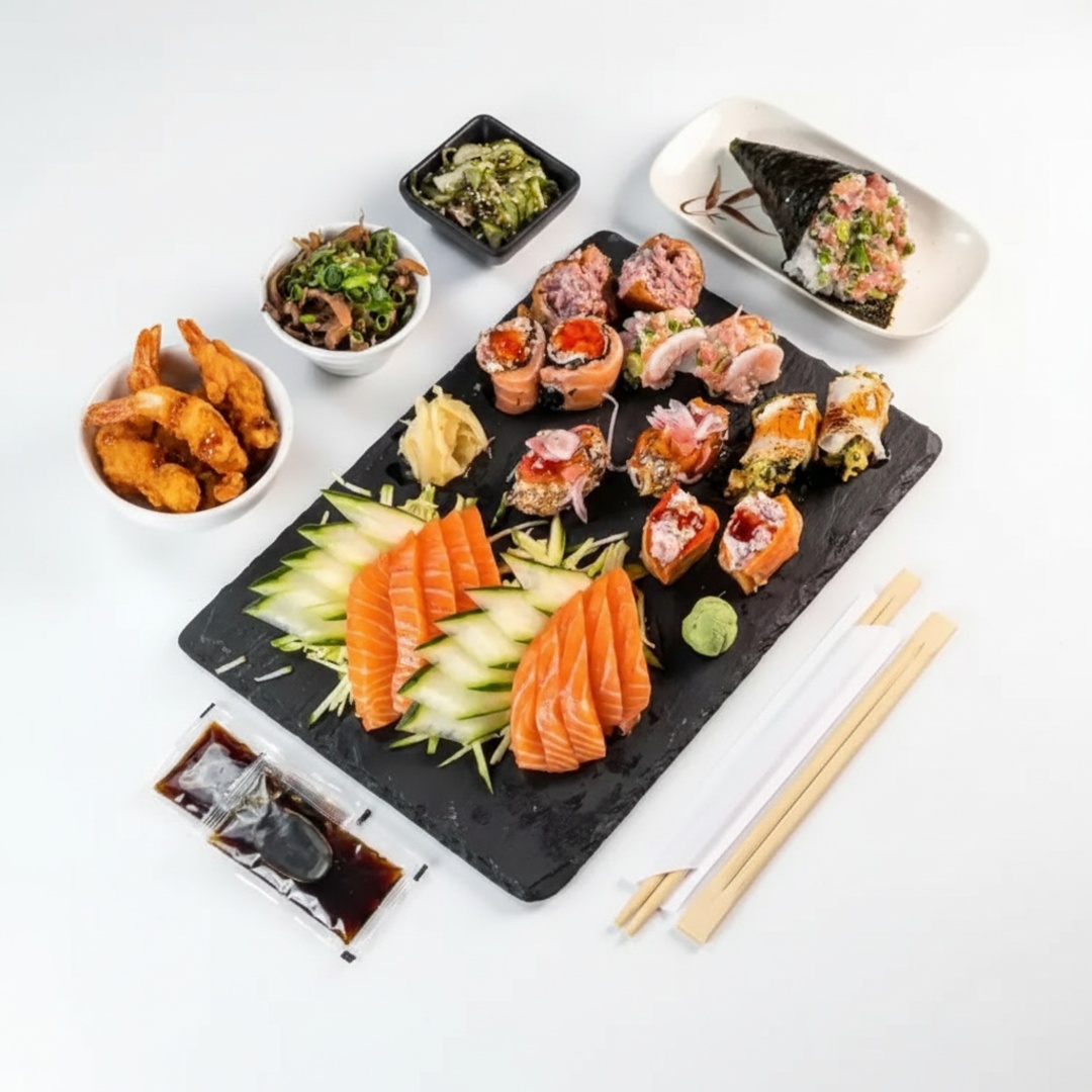 Uma experiência completa para quem quer provar um pouco de tudo do Aô Sushi Bar. São 10 sashimis, 12 sushis variados, 1 temaki, 1 porção de shimeji, 1 porção de sunomono e 1 porção de camarão empanado. Acompanha 3 sachês de shoyu e 1 par de hashis. Variedade, sabor e uma seleção especial preparada para transformar o pedido em um verdadeiro festival japonês.