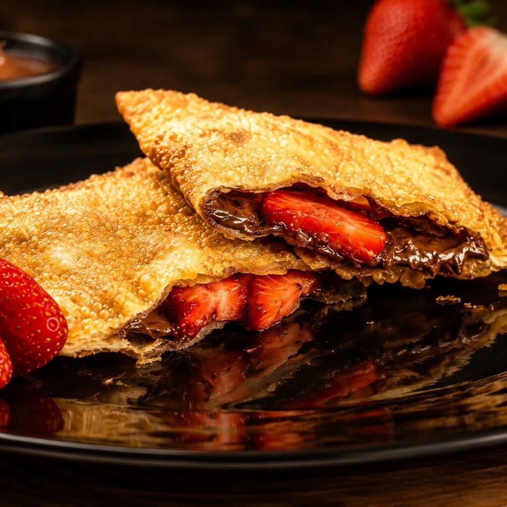 Chocolate ao leite derretido com morangos frescos, uma combinação equilibrada, cremosa e cheia de sabor.