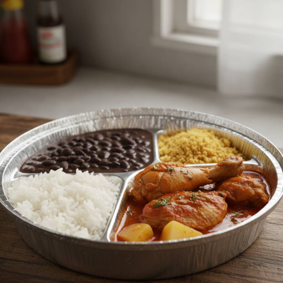 Frango no molho com batata, arroz , feijão e farofa "Foto ilustrativa"